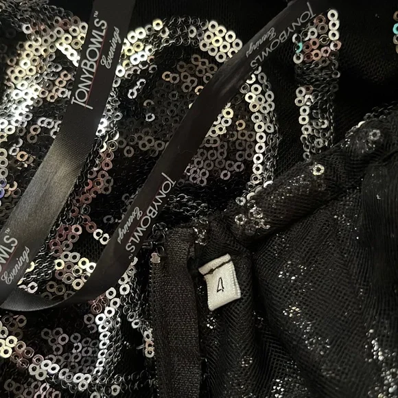 Vintage Y2K Tony Bowls Evening Wear Sheer Black Silver Sequin Skirt High Slit - Picture 4 of 11